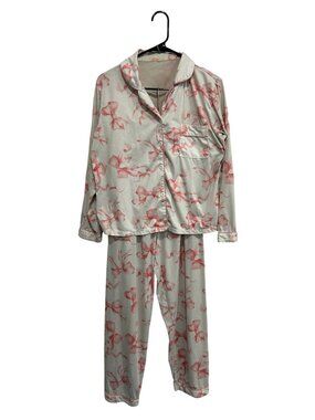Small Pink Bow Pattern Button-Up Collared Pajama Set Elastic Waistband Cozycore